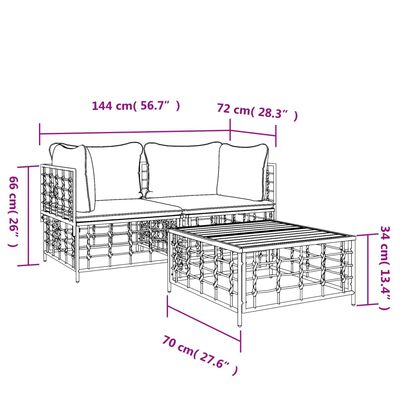 vidaXL 3-delige Loungeset met kussens poly rattan antracietkleurig