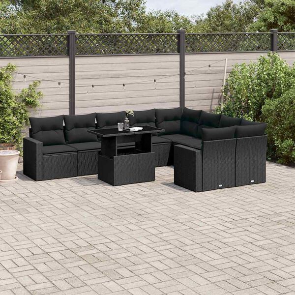 vidaXL 10-delige Loungeset met kussens poly rattan zwart