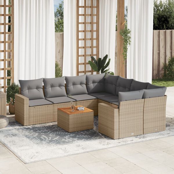 vidaXL 9-delige Loungeset met kussens poly rattan gemengd beige
