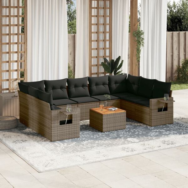vidaXL 10-delige Loungeset met kussens poly rattan grijs