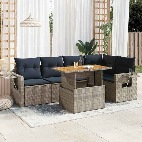 vidaXL 6-delige Loungeset met kussens poly rattan grijs