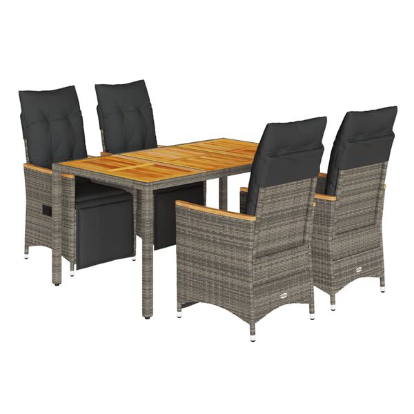 vidaXL 5-delige Bistroset met kussens poly rattan grijs