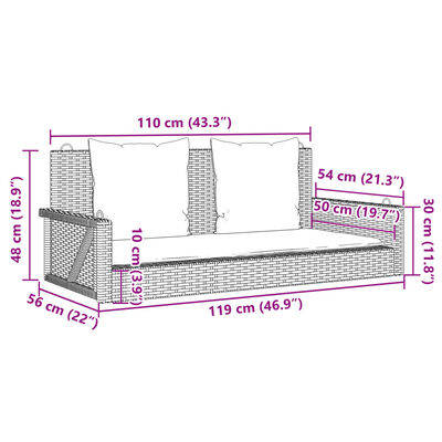 vidaXL Schommelbank met kussens 119x56x48 cm poly rattan zwart