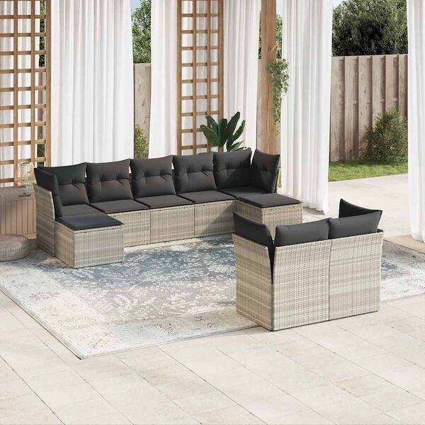 vidaXL 9-delige Loungeset met kussens poly rattan lichtgrijs