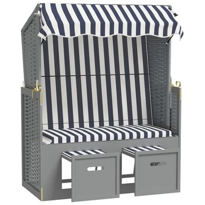 vidaXL Strandstoel met luifel poly rattan en massief hout blauw en wit