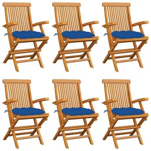vidaXL Tuinstoelen 6 st met blauwe kussens massief teakhout