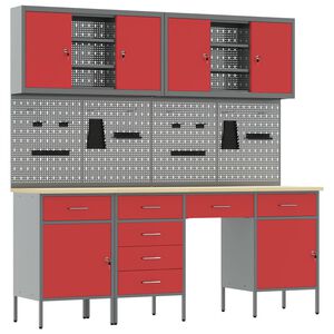 vidaXL Werk kast met lade met slot 10 st Rood Engineered hout en staal