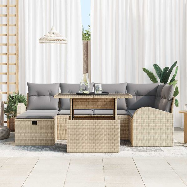 vidaXL Tuin Sofa Set met kussen met opslag 7 pcs Beige Poly riet