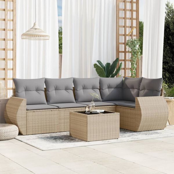 vidaXL 6-delige Loungeset met kussens poly rattan beige