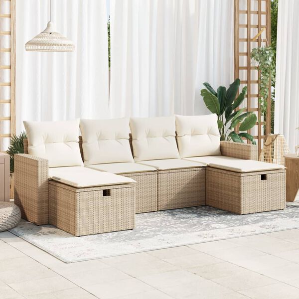 vidaXL 6-delige Loungeset met kussens poly rattan beige