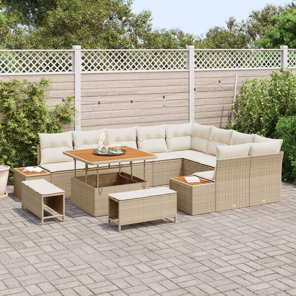 vidaXL Tuin Sofa Set met kussen met opslag Beige Poly riet