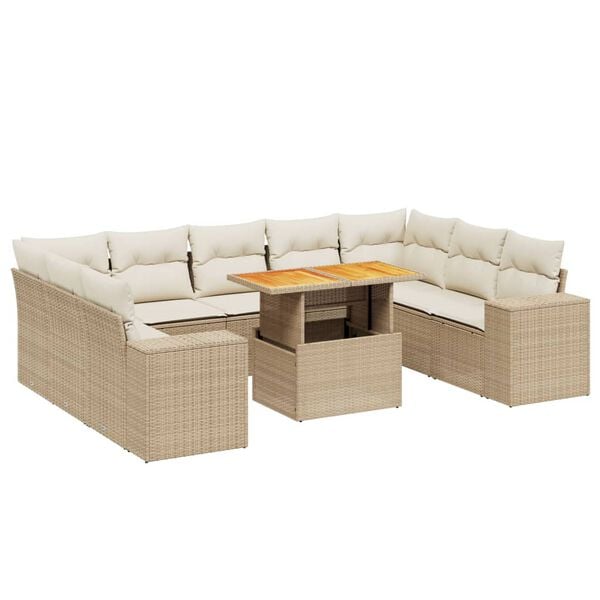 vidaXL 10-delige Loungeset met kussens poly rattan beige