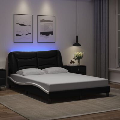 vidaXL Bedframe met LED-verlichting kunstleer zwart en wit 140x190 cm