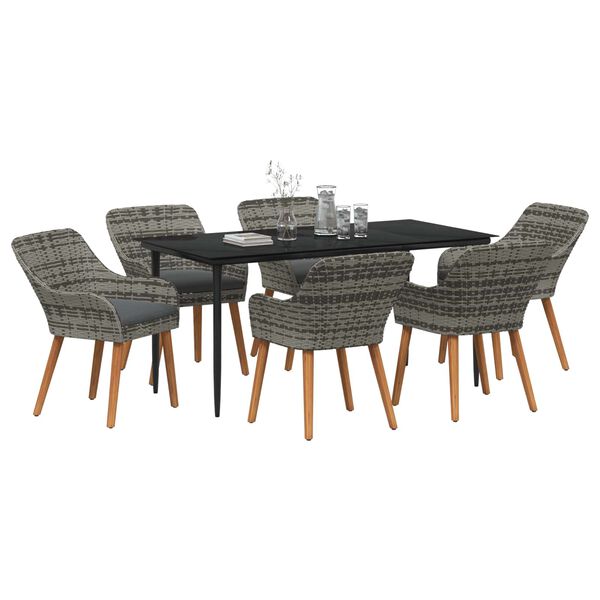 vidaXL Tuin eettafelset met kussen 7 pcs Grijs poly rattan