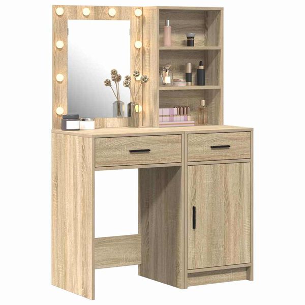 vidaXL Make-up tafel set met LED 2 pcs Sonoma Eiken Bewerkt hout