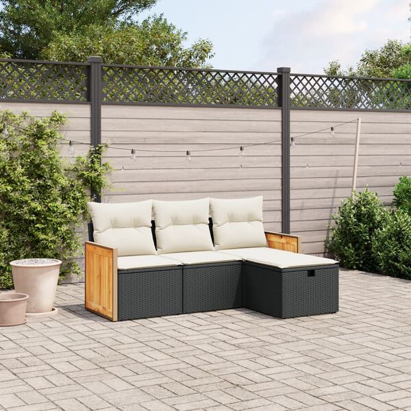 vidaXL 4-delige Loungeset met kussens poly rattan zwart