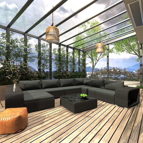 vidaXL 10-delige Loungeset met kussens poly rattan zwart
