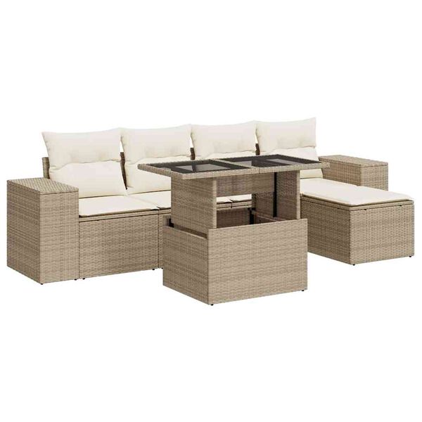 vidaXL 6-delige Loungeset met kussens poly rattan beige