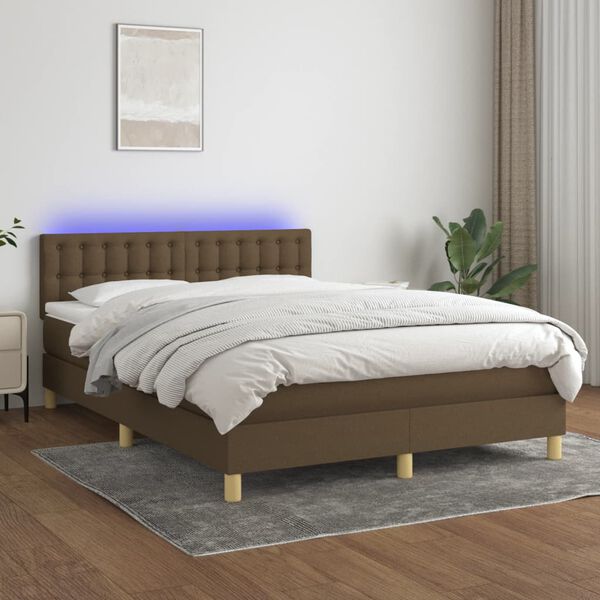 vidaXL Boxspring met matras en LED stof donkerbruin 140x190 cm