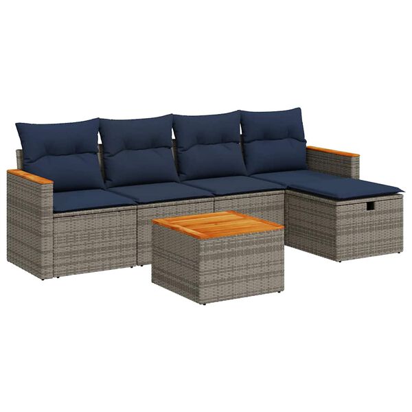 vidaXL 6-delige Loungeset met kussens poly rattan grijs