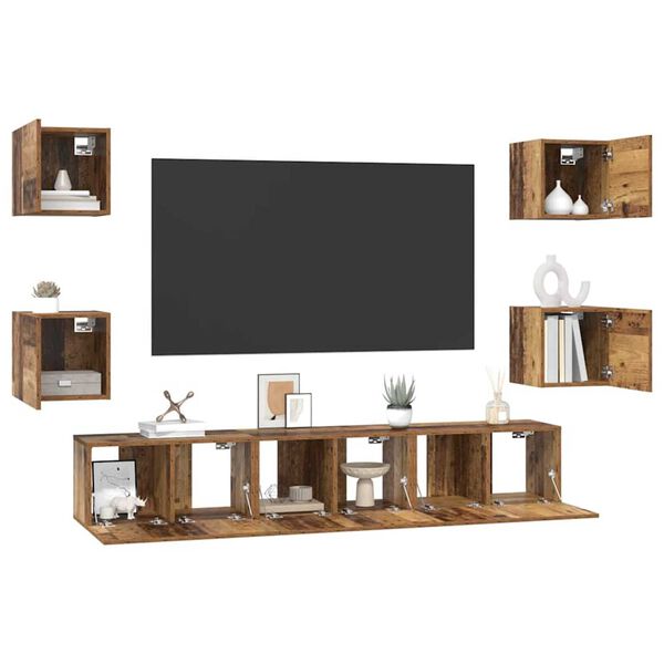 vidaXL Tv-meubelset Wandgemonteerd 7 pcs Oud Hout Bewerkt hout