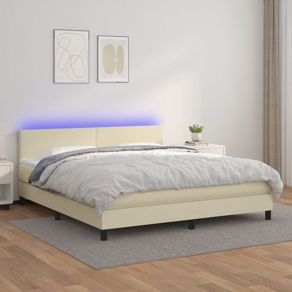 vidaXL Boxspring met matras en LED kunstleer cr&egrave;mekleurig 180x200 cm