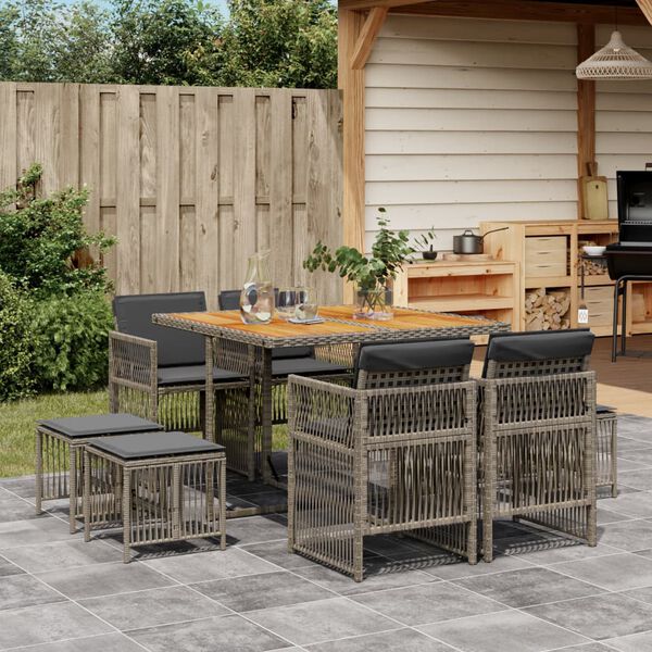 vidaXL 9-delige Tuinset met kussens poly rattan grijs