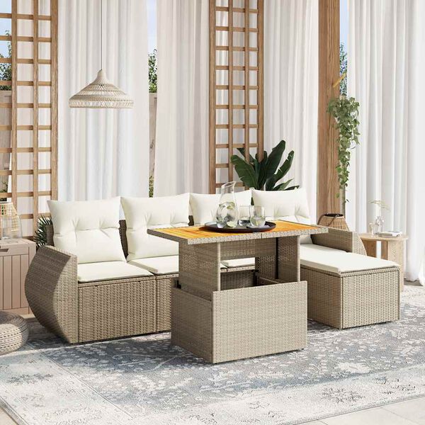 vidaXL 6-delige Loungeset met kussens poly rattan beige