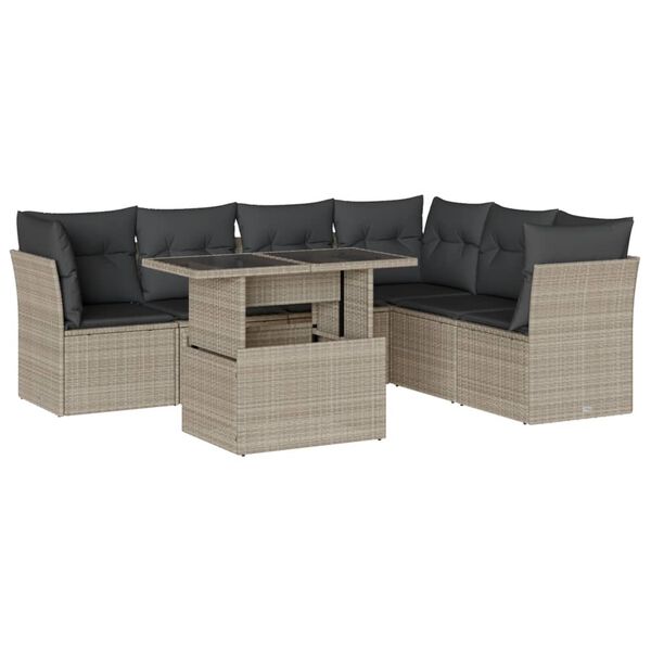 vidaXL 7-delige Loungeset met kussens poly rattan lichtgrijs