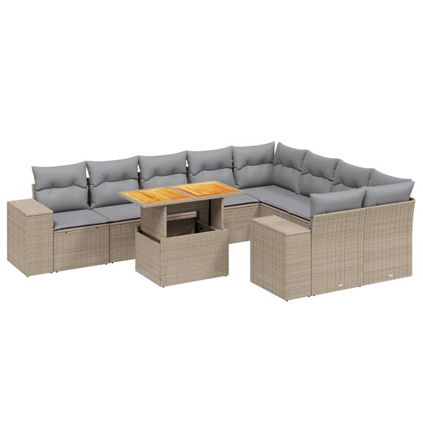 vidaXL 10-delige Loungeset met kussens poly rattan beige
