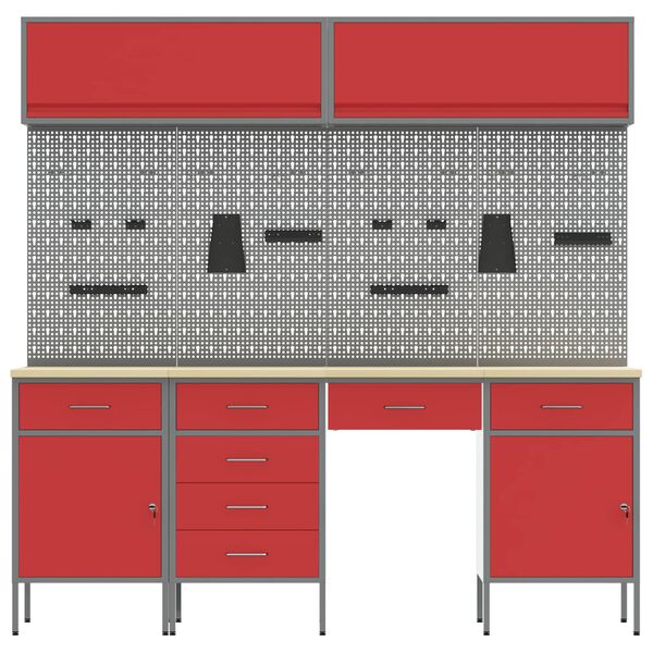 vidaXL Werk kast met lade 10 pcs Rood Engineered hout en staal