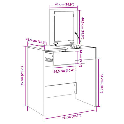 vidaXL Kaptafel met spiegel 73x46,5x120 cm bruin eikenkleurig