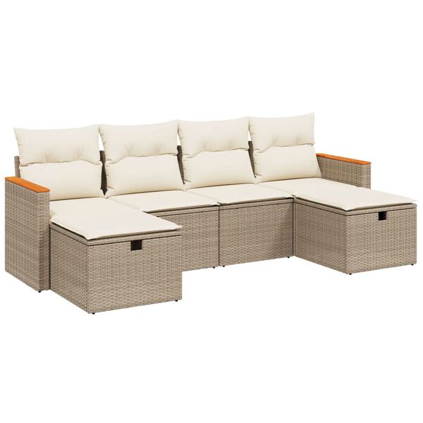 vidaXL 6-delige Loungeset met kussens poly rattan beige