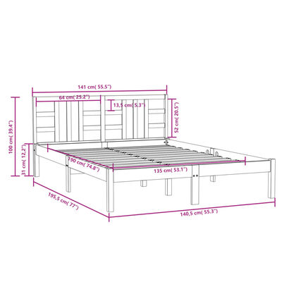 vidaXL Bedframe massief hout zwart 135x190 cm