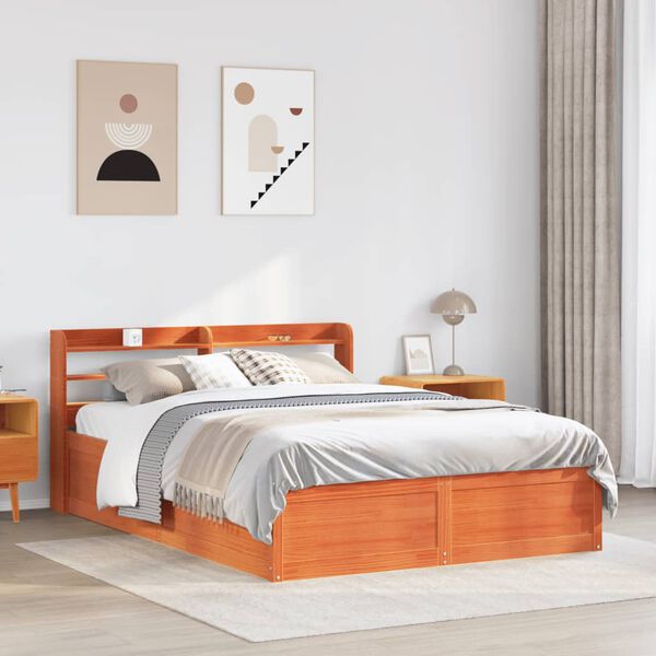 vidaXL Bedframe met hoofdbord massief grenenhout wasbruin 135x190 cm