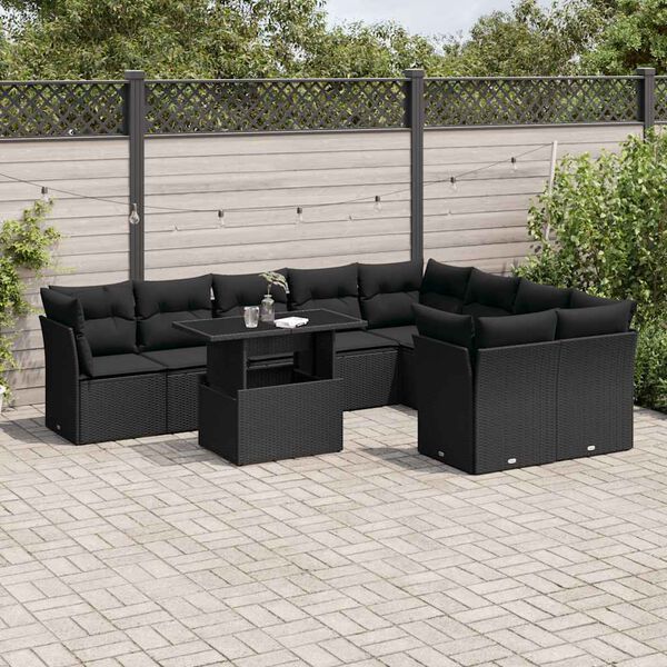vidaXL 10-delige Loungeset met kussens poly rattan zwart