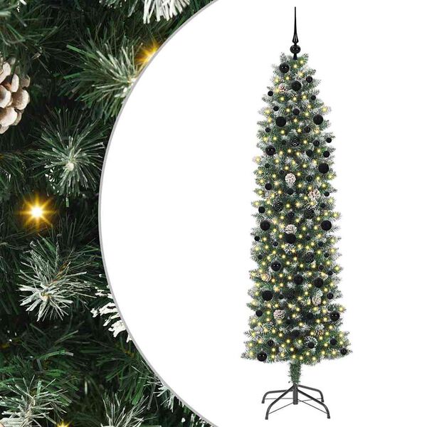 vidaXL Kunstmatige slanke kerstboom met 300 LED Groen en Wit 240 cm