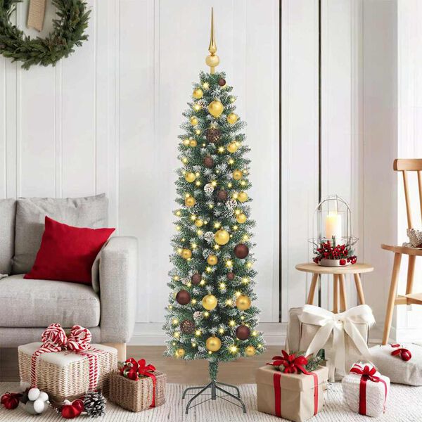 vidaXL Kunstmatige slanke kerstboom met 150 LED Groen en Wit 150 cm