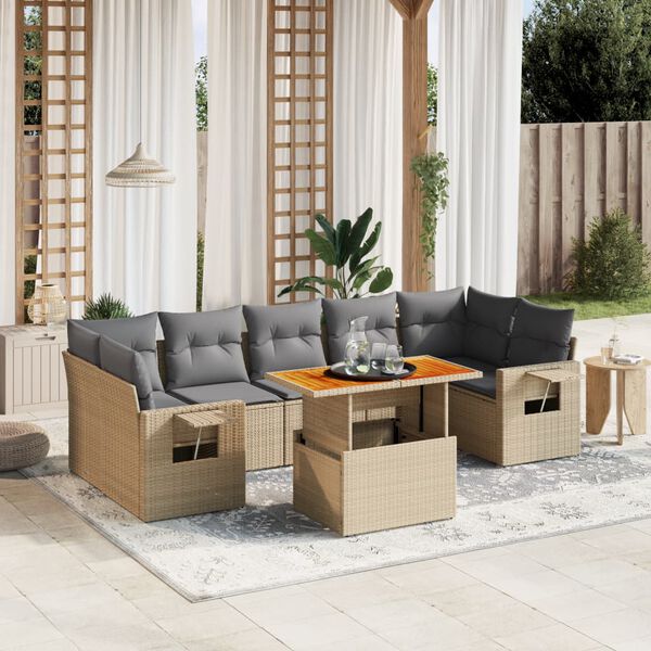 vidaXL 8-delige Loungeset met kussens poly rattan beige
