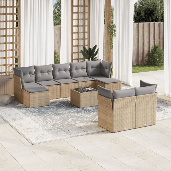 vidaXL 10-delige Loungeset met kussens poly rattan beige