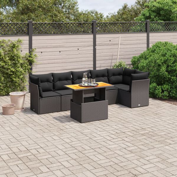 vidaXL 7-delige Loungeset met kussens poly rattan zwart