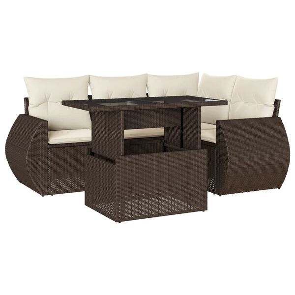 vidaXL 5-delige Loungeset met kussens poly rattan bruin