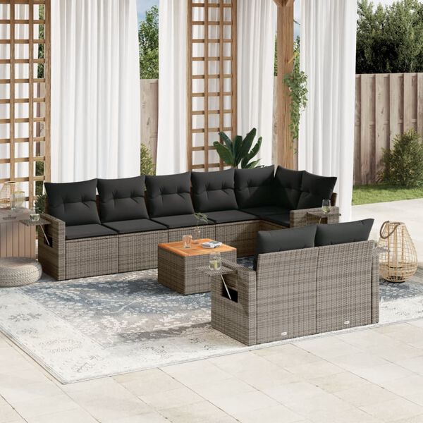 vidaXL 9-delige Loungeset met kussens poly rattan grijs