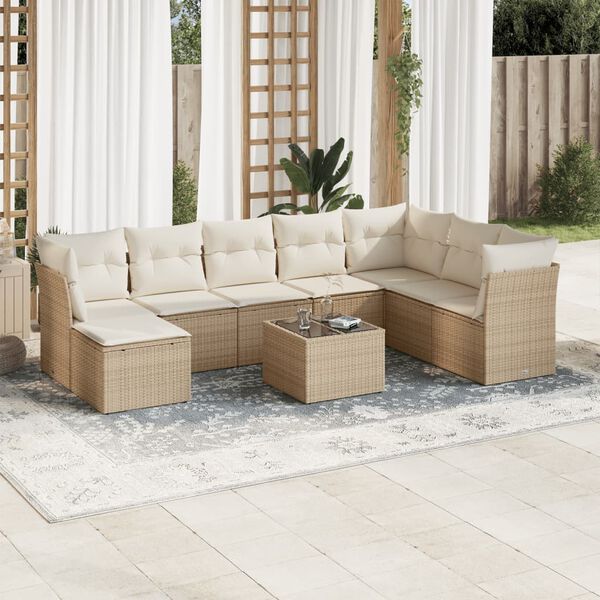 vidaXL 9-delige Loungeset met kussens poly rattan beige