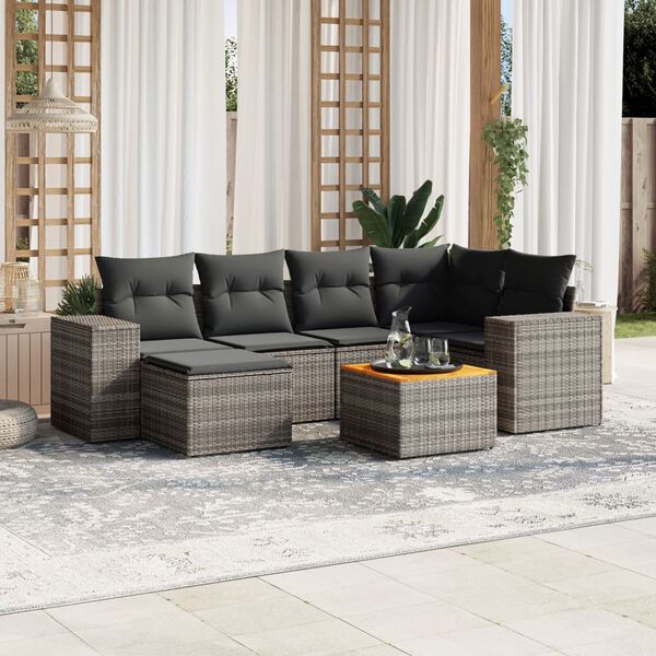 vidaXL 7-delige Loungeset met kussens poly rattan grijs