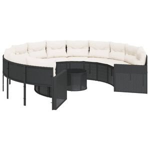 vidaXL Tuinbank met tafel en kussens rond poly rattan zwart