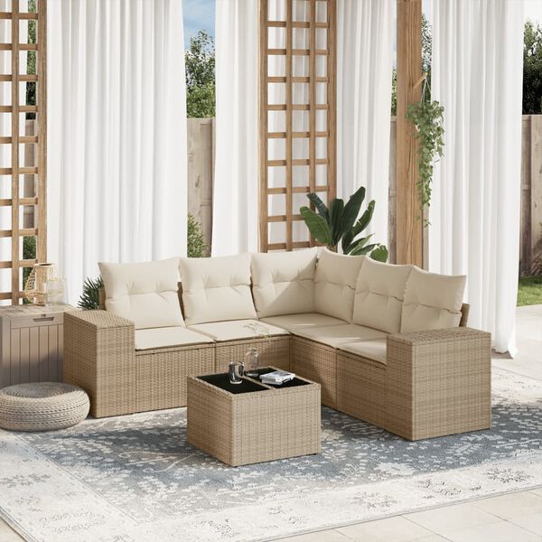 vidaXL 6-delige Loungeset met kussens poly rattan beige
