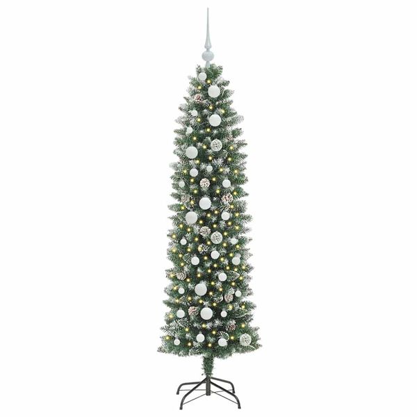 vidaXL Kunstmatige slanke kerstboom met 150 LED Groen en Wit 150 cm