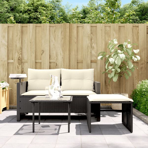vidaXL 3-delige Loungeset met kussens poly rattan zwart