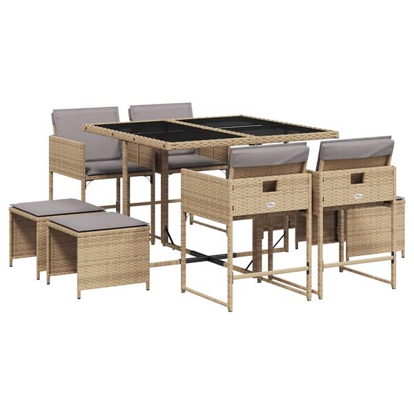 vidaXL 9-delige Tuinset met kussens poly rattan gemengd beige
